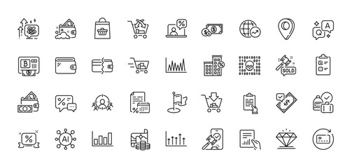 Document, World statistics and Cross sell line icons pack. AI, Question and Answer, Map pin icons. Milestone, Renew card, Loan house web icon. Accepted payment, Auction, Stress grows pictogram. Vector