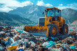Vehicle wheel crushing trash in natural landscape, under cloudy sky