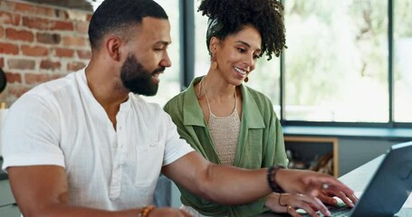 Canvas Print - Couple, paper and laptop by desk with high five for budgeting, investment or planning expenses in house. Man, woman and celebration with documents in home for bills, invoice and payment together