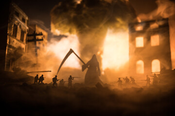 Wall Mural - Concept of death soldiers during the war. Grim reaper (Skeleton) holding schyte with military fighting silhouettes in destroyed city.