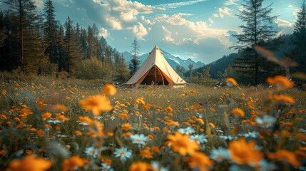 Wall Mural - Camping, flowers and trees around the tent, spring, blue sky. Generative AI.