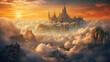 Surreal fantasy castle among beautiful clouds in golden sunset light