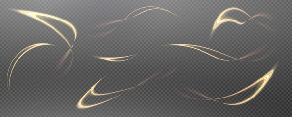 Wall Mural - Vector png background with gold glowing lines. Gold glowing lines of speed. Light glow effect. Light trail wave, fire trail line and glow curve swirl.