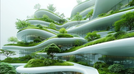 Minimalistic urban futuristic architecture with lots of green plants and grass, many buildings, low carbon, negative space, sunny day. Generative AI.