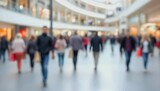 Fototapeta Zachód słońca - Blurred crowd walking in the street. Blurred background of a modern shopping mall, motion blur. blurred shoppers with shopping bags  created with generative ai