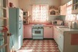 A charming vintage kitchen, with pastel blue and pink appliances, evokes nostalgia with its classic 1950s design and checkered floor.