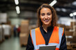 © Александр Марченко - A logistics specialist in a reflective vest smiles while holding a tablet in a busy warehouse.