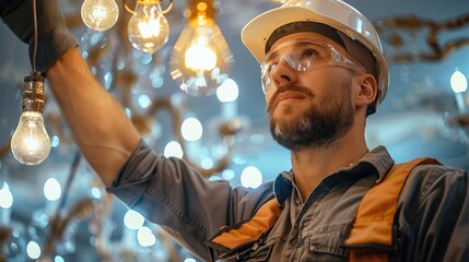 Fototapete - An electrician installing light fixture or chandelier. Generative AI.