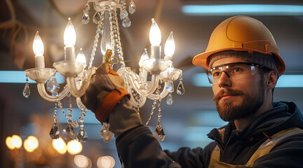 Fototapete - An electrician installing light fixture or chandelier. Generative AI.