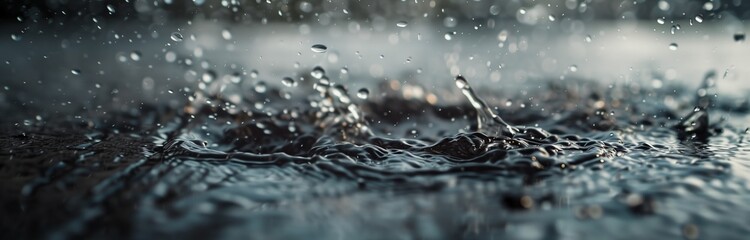 Wall Mural - close up of rain drops falling on the ground in the city