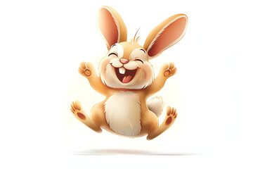 Wall Mural - Happy jumping cartoon bunny celebrating World Smile Day on a white background.