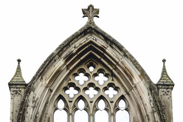 Wall Mural - A close-up of an old Gothic window, its ornate design and pointed arches isolated against a stark white backdrop