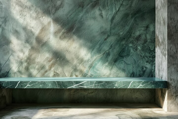 Wall Mural - Blank wall of green marble with bench well lit sunrays, display for products or montage