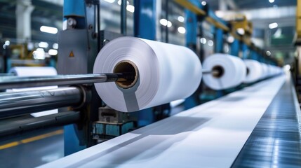 Wall Mural - Factory with rolls of paper on a conveyor belt, suitable for industrial concepts