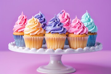 Wall Mural - Tasty cupcakes with butter cream on cake stand on purple background