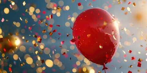 Poster - A red balloon releasing falling confetti. Suitable for celebration concepts