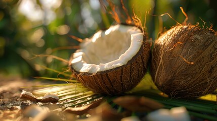 Sticker - Two coconuts sitting next to each other on the ground. Suitable for tropical themes