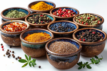 Wall Mural - Various colorful spices in small bowls isolated on a white background. Concept of culinary diversity. Generative Ai.