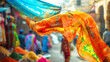 Vibrant sarong fluttering in colorful market street