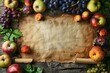 fresh fruits on aged parchment paper, copy space