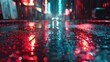 A rainy city street illuminated by red and blue lights. Perfect for urban night scenes
