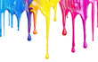 Colorful acrylic paint dripping with liquid drops isolated on white or transparent background