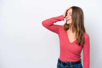 Wall Mural - Young caucasian woman isolated on white background smiling a lot