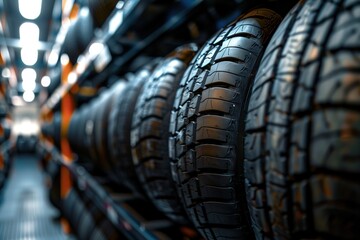 Wall Mural - New tires on storage rack in car workshop