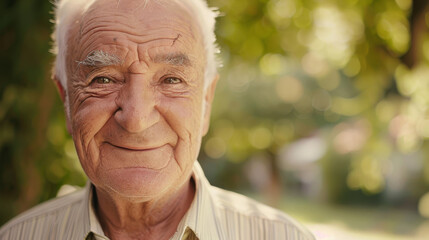 Canvas Print - A joyful elderly man smiles warmly in natural sunlight.