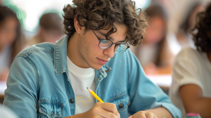 Wall Mural - A young male student with glasses engrossed in writing during a classroom exam.