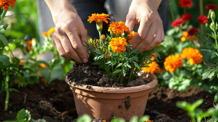 Canvas Print - Hands delicately planting marigolds in a terra cotta pot.