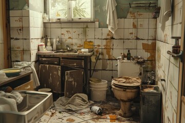 A dirty bathroom with sink and toilet. Suitable for illustrating poor hygiene