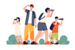 Happy traveling tourist family looking through binoculars. Vector illustration
