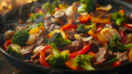 Wall Mural - A stir-fried beef and vegetable dish in a cast iron skillet.