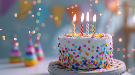 Canvas Print - A white frosted cake adorned with lit candles and colorful sprinkles.