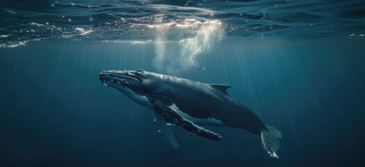 Wall Mural - Majestic humpback whale gracefully swimming in the ocean, perfect for marine life concepts