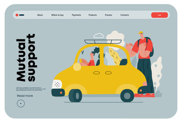 Wall Mural - Mutual Support: Assistance in parking the car -modern flat vector concept illustration of man assisting woman with parallel parking A metaphor of voluntary collaborative exchanges of resource, service