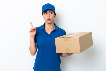 Wall Mural - Delivery caucasian woman isolated on white background thinking an idea pointing the finger up