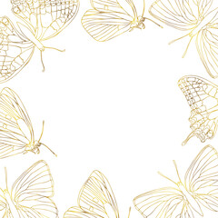 Gold butterfly line art illustration. Butterfly golden foil art square frame. Insect butterfly for card or invitations, scrapbook. Vector background , isolate on white background