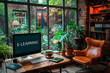 © foxyburrow - A cozy and inviting home office boasts an e-learning monitor setup on a wooden desk, surrounded by an abundance of indoor plants, with a view of a charming garden through large windows.