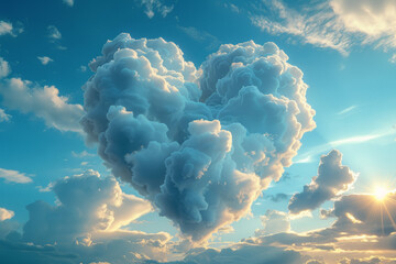 Wall Mural - A heart-shaped cloud against a blue sky, illustrating the happiness found in nature's whimsy. Concept of celestial joy. Generative Ai.