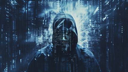 Mysterious hacker engages in cyber espionage amidst a digital background, the glow of the data stream illuminates their inscrutable face