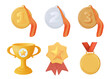 Collection of golden, silver and bronze medals, cups and badges vector 3D illustration. Set of trophy or awards for winners isolated. Metal symbols of success, championship and triumph