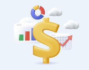 Wall Mural - Set of analyzing financial or corporate budget isolated on white background 3D. Concept of finance accounting and calculation of financial income and expenses. Colored 3D vector illustration