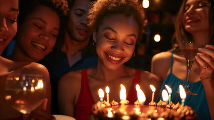 Wall Mural - A joyful moment as a woman is about to blow out birthday candles surrounded by friends.