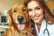 A woman vet doctor is patting a golden retriever in trustful friendship on pet hospital background.