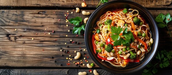 Poster - A bowl filled with noodles and assorted vegetables placed on top of a wooden table.