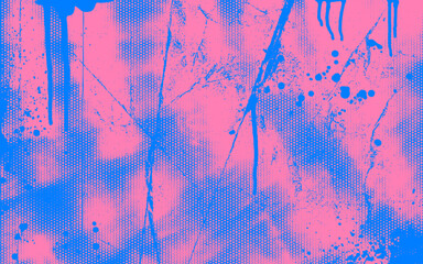 Graffiti punk style grunge banner with distress texture, ink drips and splashes. Blue and pink colored grunge background.