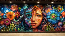 A Colorful Urban Mural Captures An Abstract Woman's Face Surrounded By Whimsical Floral Patterns, Presenting A Fusion Of Nature And Art.