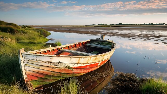 Morning light on an aging boat in Norfolk England s Thornham harbor With copyspace for text
